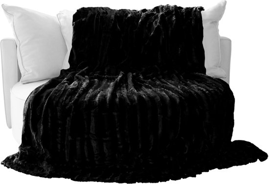 knuffeldeken imitatiebont dubbelzijdig XXL 220x240 cm – Warme kunstbontdeken voor bank en bed, luxe woondeken plaid, comfortabel & zacht - 100% polyester, wasbaar – Zwart — afbeelding 2
