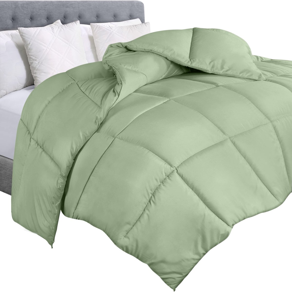 Bedding Dekbed dekbedovertrek - gewatteerd dekbed met hoeklussen - doos gestikt alternatief dekbed (Tweepersoons - 2 aparte bedden, saliegroen)