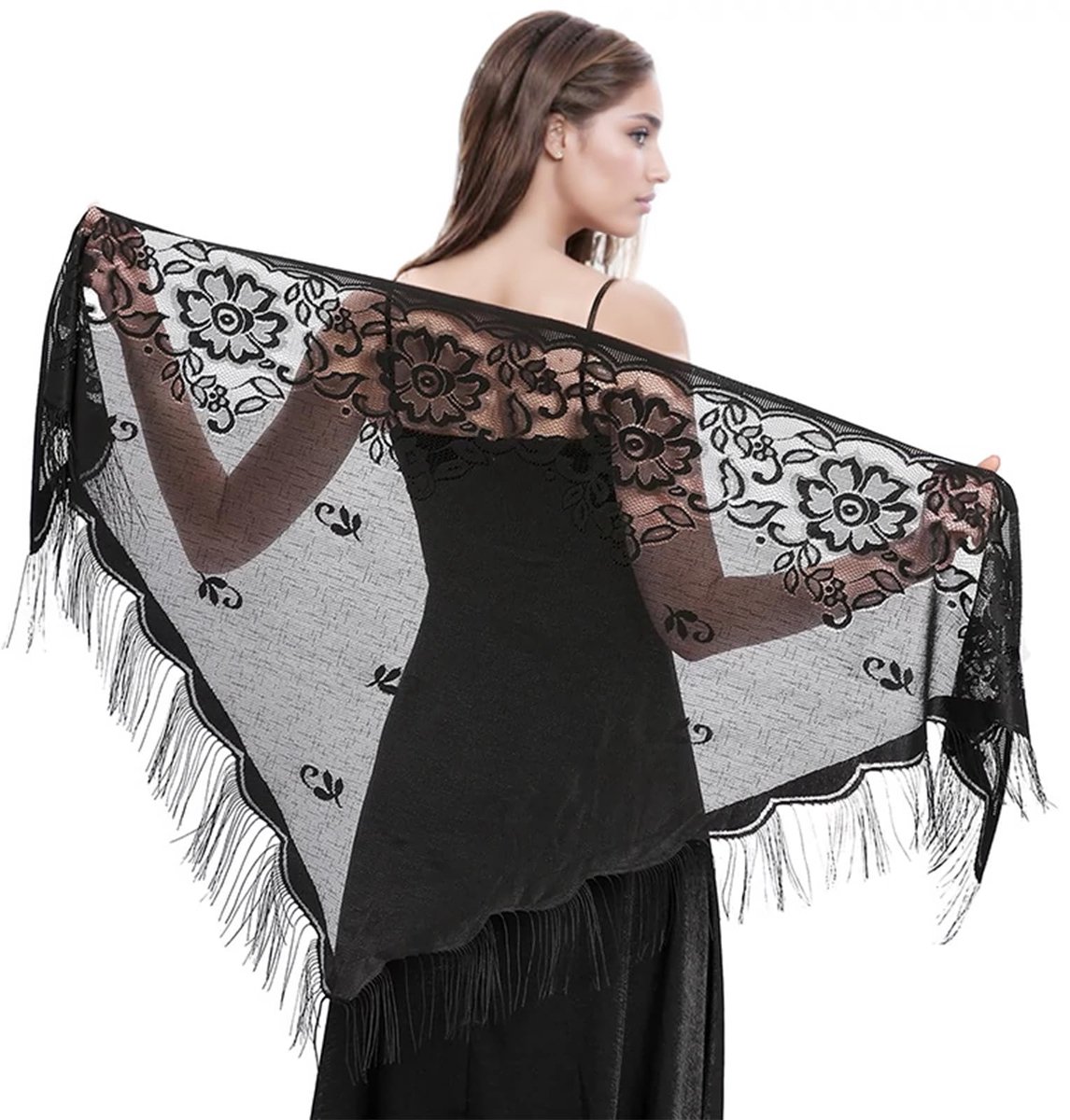 sjaals en wraps, vrouwen zwart kant wrap sjaal driehoek pony voor avondjurk bruiloft feest 205,7 x 78,7 cm
