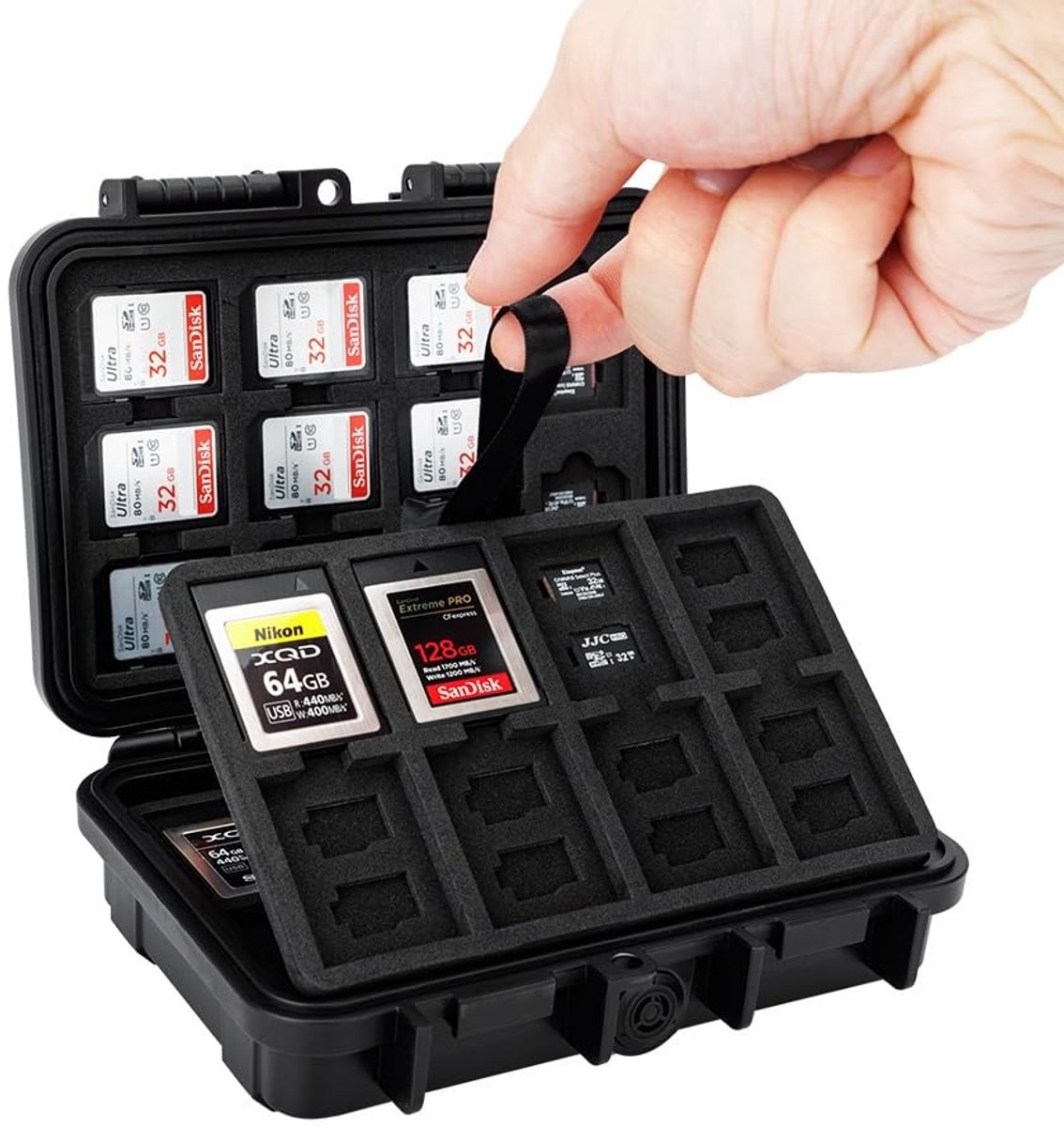 Dailygoods- Geheugenkaarthouder Massive Capaciteit - 22 x SD/SDXC/SDHC - 76 x Micro SD/TF - 16 x CFexpress Type-B/XQD - IP67 Waterdicht - EVA Padding - Opslagdoos
