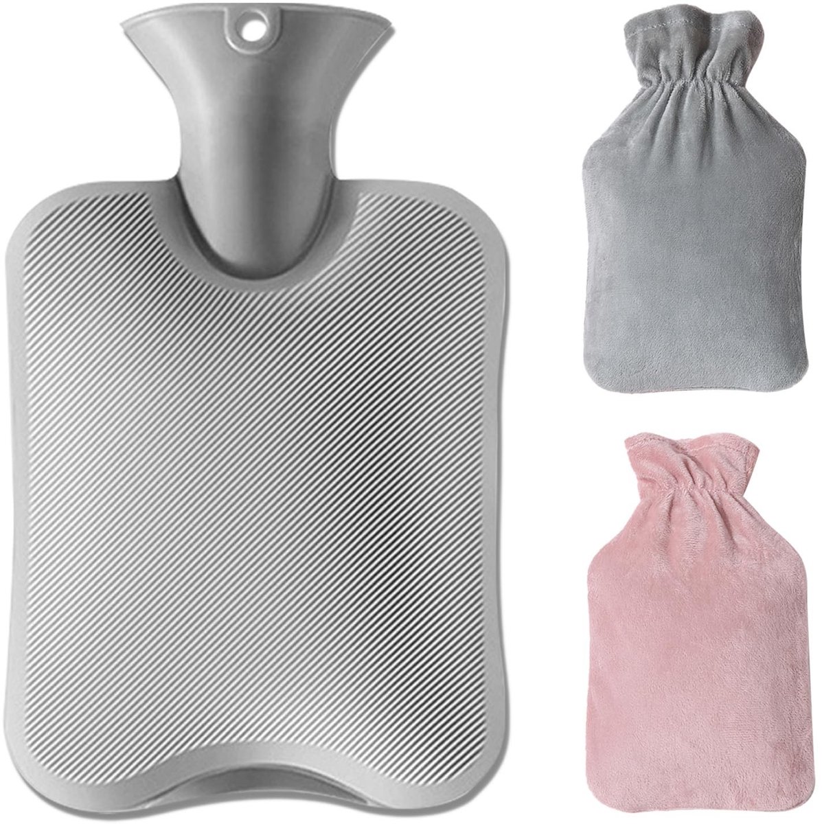 Dailygoods- Warmwaterkruik met 2 hoezen - 1 liter - Grijs/Roze - Pijnverlichting - Geschikt voor binnen/buiten - Duurzaam PVC - Warmwaterfles