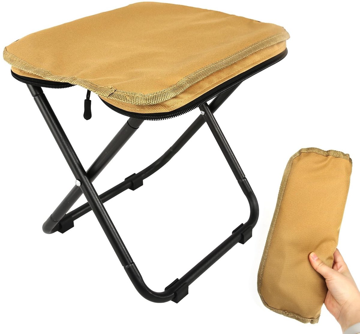 Dailygoods - Campingkruk, 28,5 cm, draagbare stoel, opvouwbaar, met opbergzak, voetenbank, outdoor, mini-klapkruk, lichte stoel, vouwkruk voor wandelen, vissen, grillen, strand (kaki)