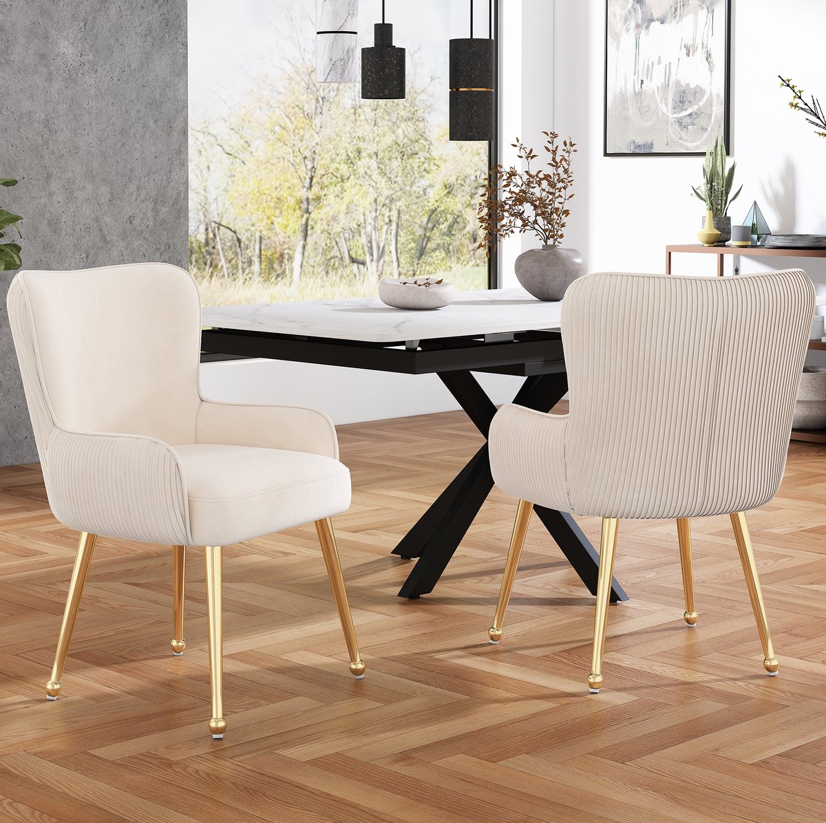 DESMIU Eetkamerstoel - Set Van 2 - Velvet Met Armleuningen, Lendensteun En Verstelbare Vloerdoppen - Voor Eetkamer En Woonkamer - Beige Met Gouden Metalen Poten