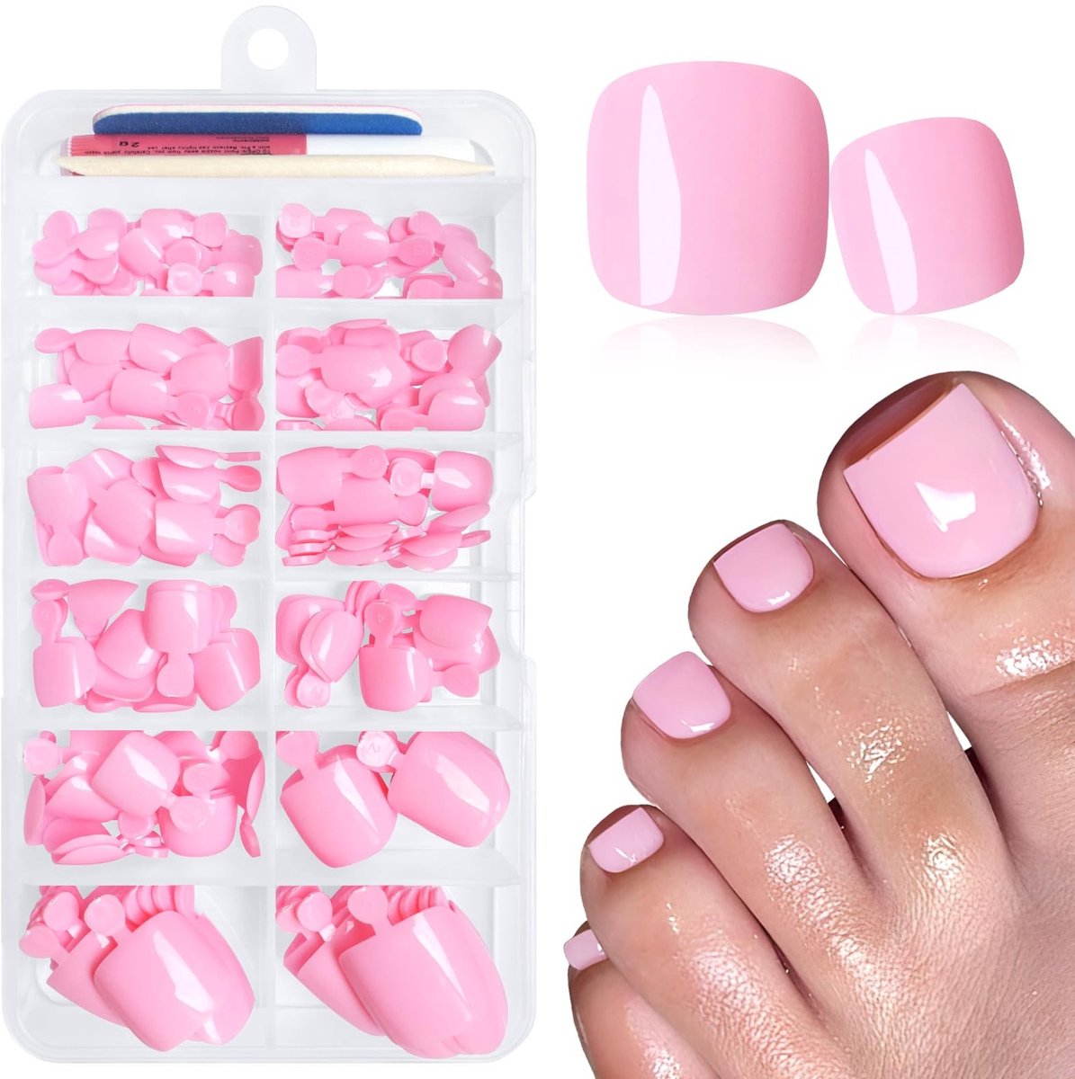 Dailygoods- Valse Teennagels 168 Stuks - Korte Vierkante Plaknagels - Kunstnagels met Lijm - Press-On Teennagels - Nagelvijl en Gelstickers - Ideaal voor Kinderen en Vrouwen