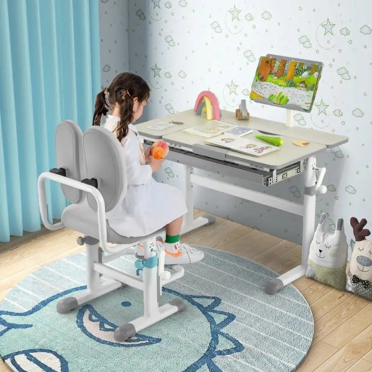 Dailygoods Verstelbaar kinderbureau met kantelbaar blad en lade, ergonomische kinderbureautafel grijs