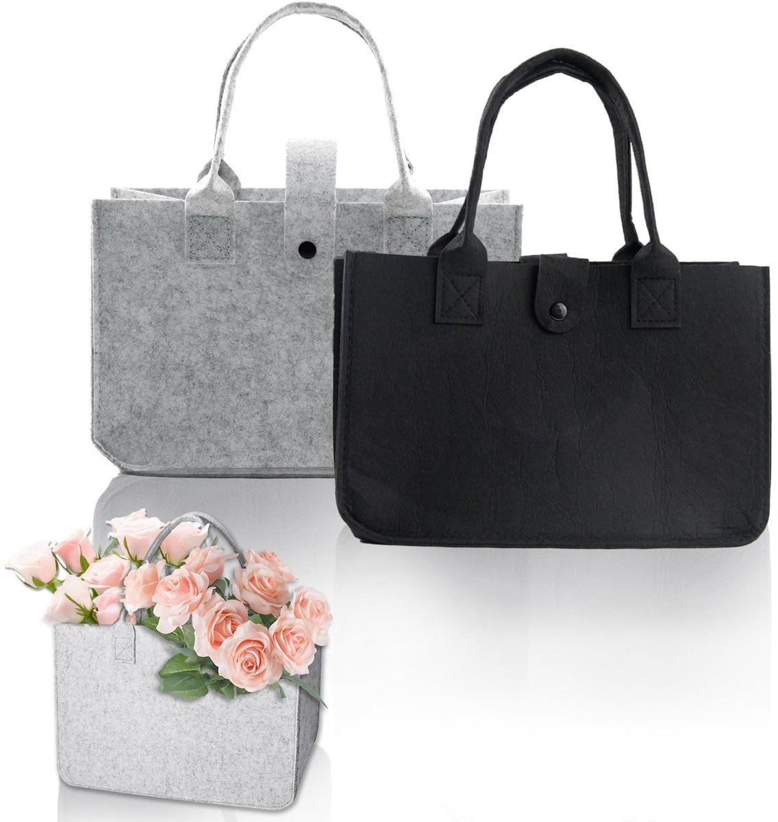 Dailygoods - chenyu 2 stuks vilten tassen, shopper, opvouwbaar en herbruikbaar, 30 x 20 x 18 cm, klein, geschikt voor werk, reizen, picknick, vilten tassen, shopper, zwart grijs, N , 30 x 18 x 20 cm