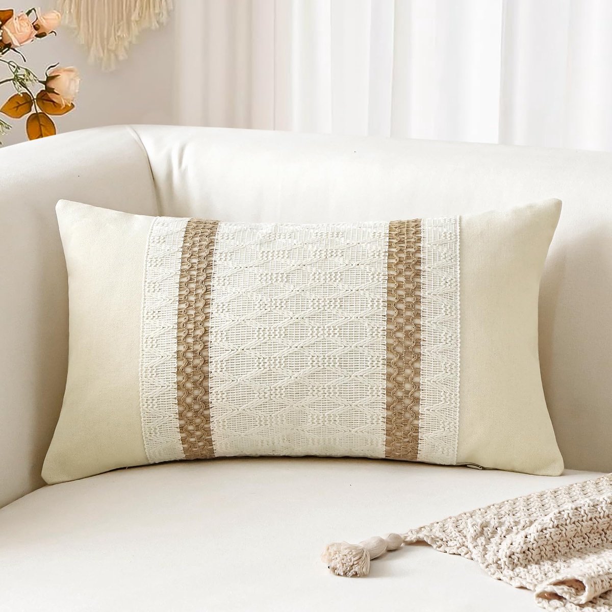 Boho Lumbale Kussenhoes 30 x 50 cm, Katoen & Jute Gestructureerd Gestreept Geweven Boheemse Boerderij Decoratieve Sierkussensloop Kussensloop voor Bank Bank Woonkamer, Dubbel Gestreept, 1 STKS