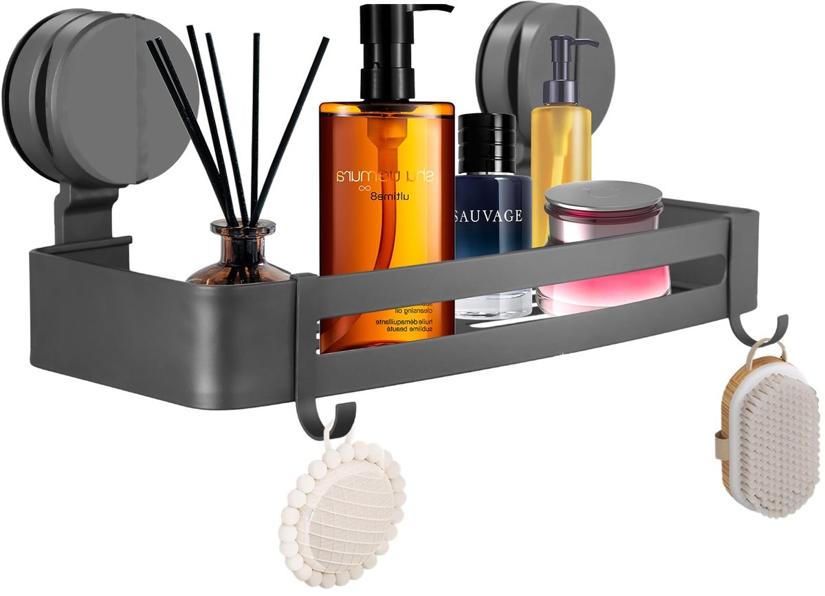 Zuignap Douche Caddy Geen Boren, Vacuüm Douche Caddy met 2 Haken Verwijderbare Badkamer Wandplank Aluminium Vacuüm Douche Mand Opslag Organizer, voor Shampoo, Zeep, Toiletartikelen, Grijs