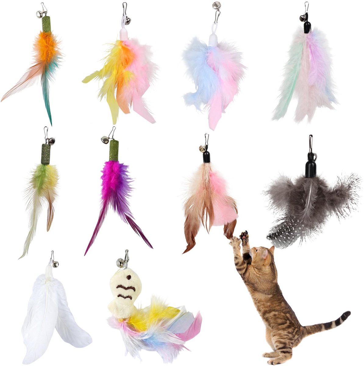 10 stuks kattenspeelgoed, reservekoppen voor katten, interactief kattenspeelgoed met klokken en natuurlijke veren, veerspeelgoed, intelligentiespeelgoed voor katten, perfect voor kitten (10