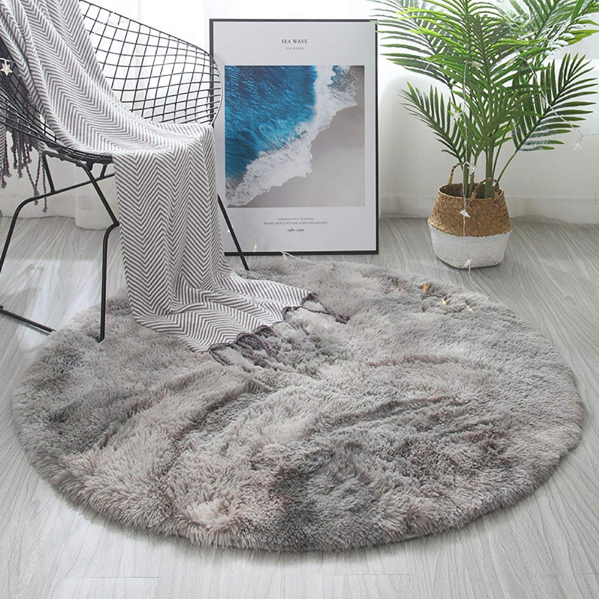 Vloerkleed, rond, wollig, groot, modern, hoge stapel, antislip, superzacht, geschikt voor woonkamer, slaapkamer, kinderkamer, grijs-wit, 140 x 140 cm