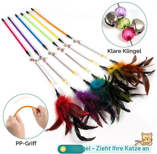 Kattenspeelgoed veer kat speelgoed veer toverstaf kat huisdier speelgoed draad jager staf teaser veer met bel, kattenspeelgoed voor binnen katten kitten interactieve training (6 stuks) — afbeelding 3