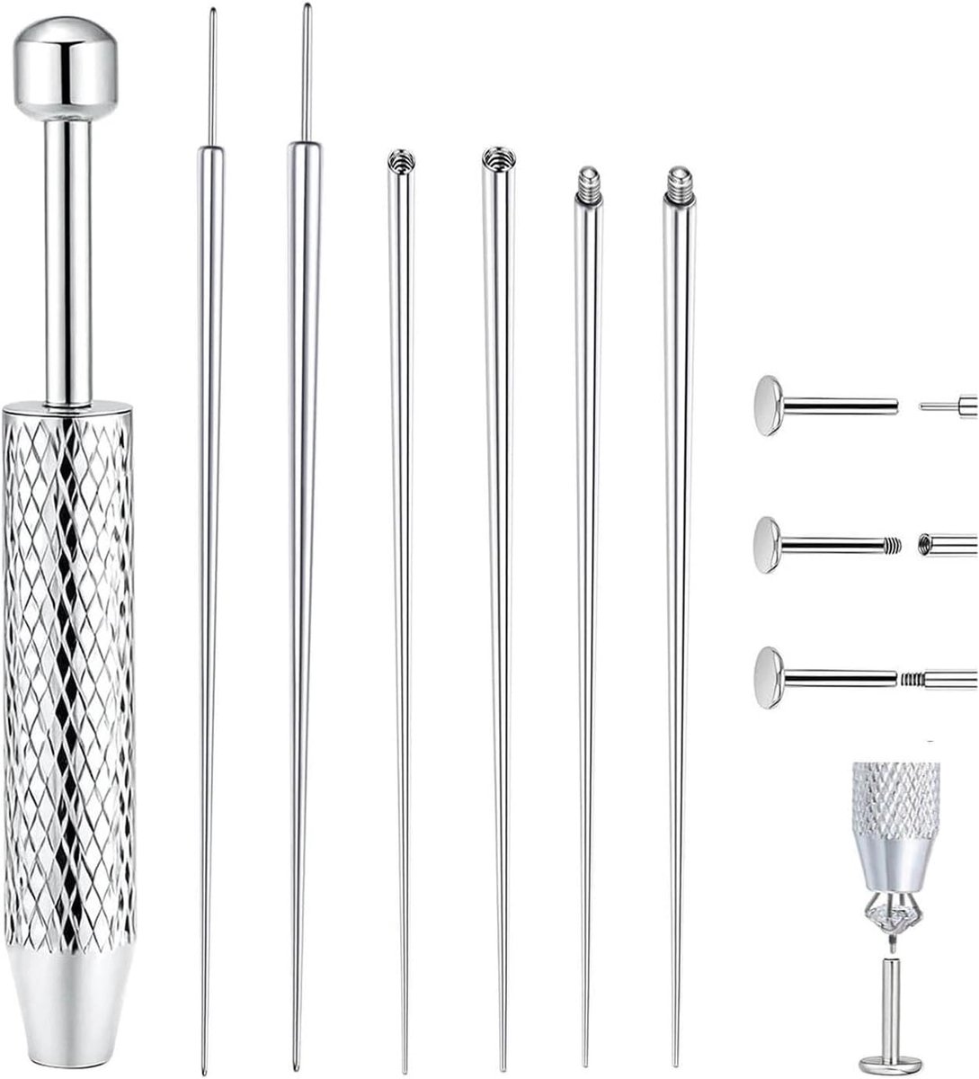 piercinggereedschapset, 6 stuks geleiderpenset met grijper gereedschap voor platte achterkant, neus, lippen, sieraden vervanging (16G 18G compatibel)