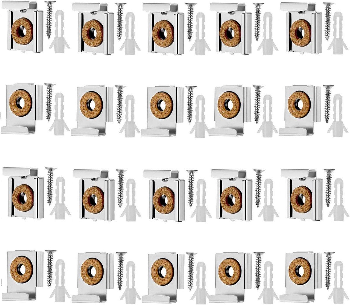 5 Set (20 stuks) veerbelaste spiegelhouder spiegelclips spiegelophanging clips set met pluggen en schroeven voor spiegel glas