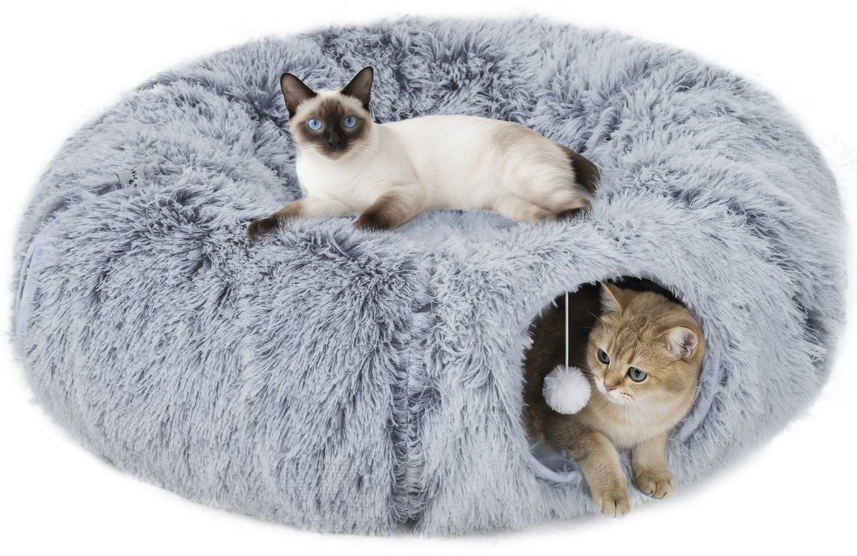 Kattentunnel, pluche stof, kussen, opvouwbaar, metalen frame, kattenhol, lichtgrijs