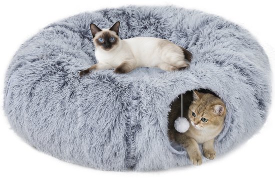 Un chat siamois repose sur un lit rond en peluche gris clair. Un chat British Shorthair regarde depuis l'ouverture.