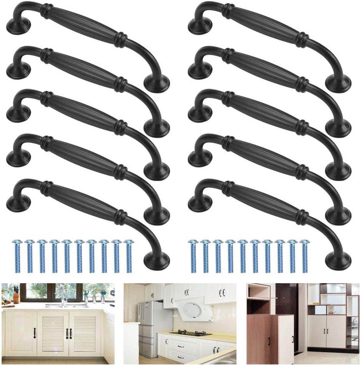 Deurgrepen, zwart, aluminiumlegering, deurgrepen, meubelgrepen, kast, landhuiskeuken, deurgrepen met schroeven (afstand 128 mm), 10 stuks