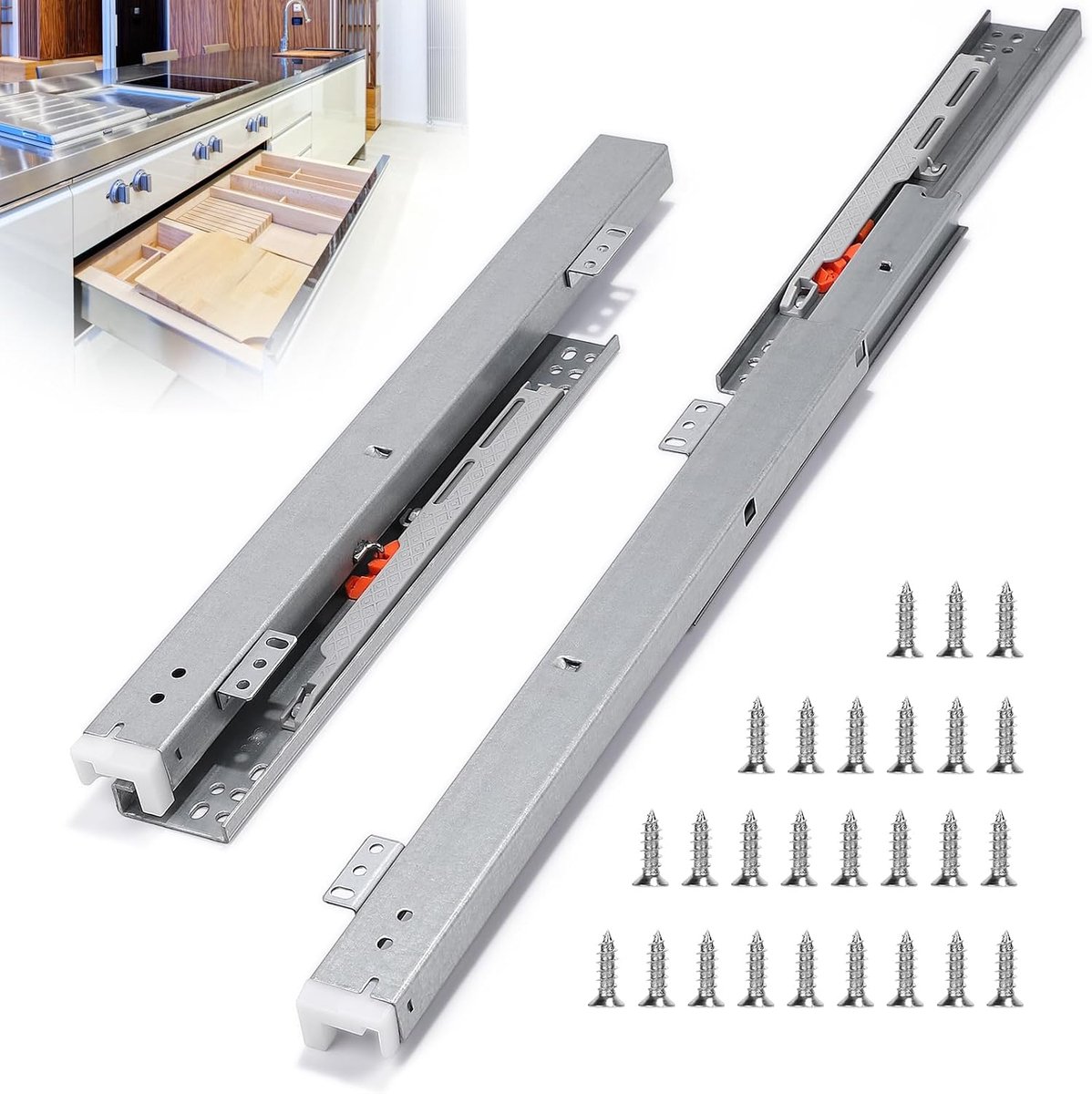 Schuifladengeleiders, 2 x 35 cm, volledig uittrekbaar, 60 cm, softclose, zware belasting, ondervloergeleiding, vloermontage met 26 schroeven
