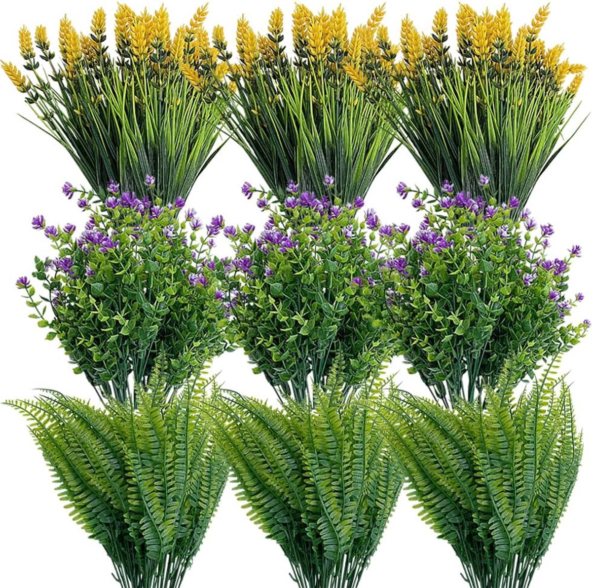 18 bundels kunstbloemen voor buiten balkon, kunstbloemen, uv-bestendig, groene struiken, planten, eucalyptus, decoratie voor binnen en buiten, tuin, raam, bruiloft, feestdecoratie, gemengd