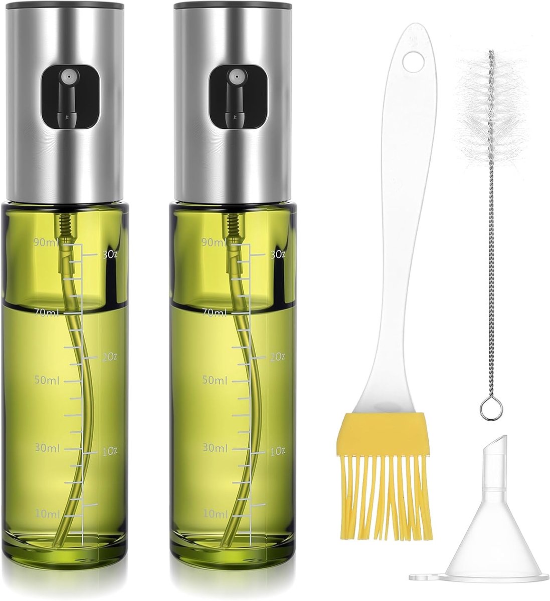 2 stuks glazen olijfolie spuitfles om te koken, 100 ml spuitfles voor kookdispenser, oOil spuitflessen voor keuken luchtfriteuse BBQ, met trechters en borstels