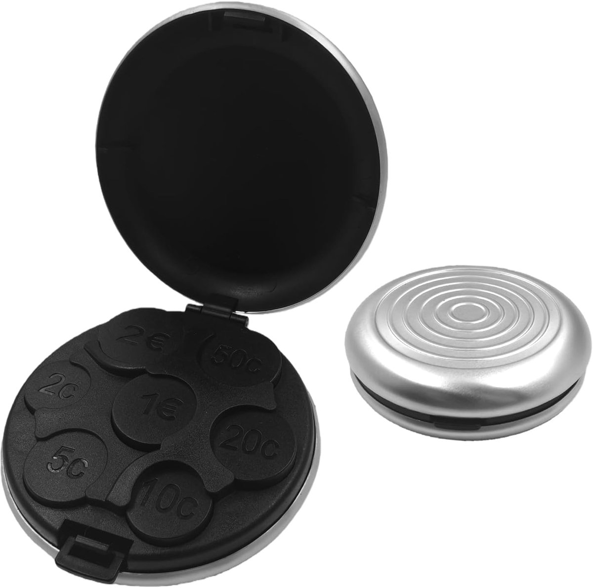 Muntenorganizer Met Harde Schaal, Muntenverzamelingsorganizer, Multifunctionele Draagbare Muntendispenser, kleine Ronde Opbergdoos Voor wisselgeld, met 7 Vakken Voor Munten (Zilver)