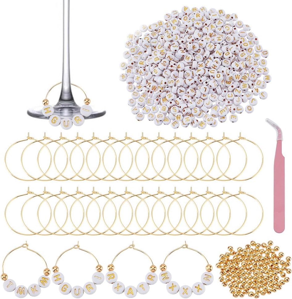 56 sets wijnglas bedelringen 600 stuks witte letterkralen 120 stuks ronde gouden kralen 1 stuk pincet gepersonaliseerde wijnglas markers kit voor doe-het-zelf feesten bruiloften evenementen