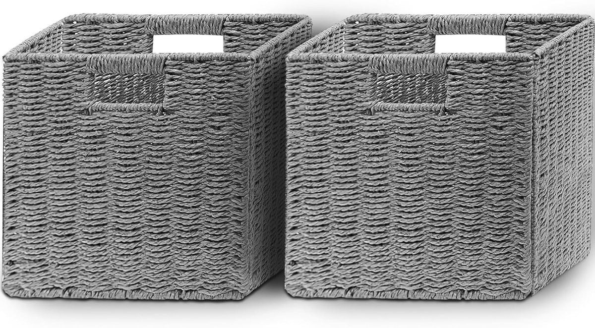 Gevlochten, Set Van 2 handgeweven opbergmanden voor planken met handgrepen, opvouwbare opbergbakken,voor kallax mand, waskamer, woonkamer, kinderkamer 28x28x28cm Grijs