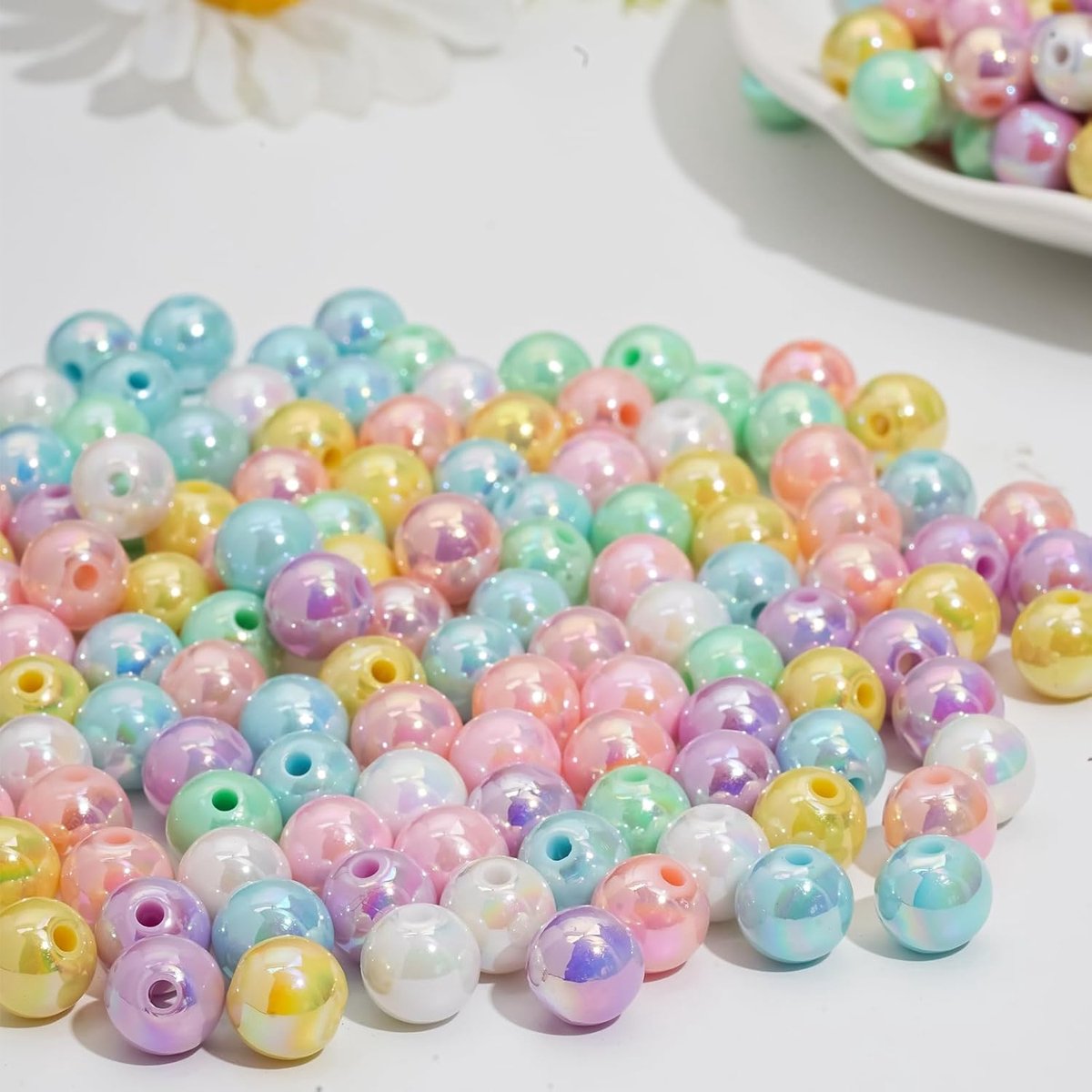 Kralen voor opdraaien 10mm met gaten, acryl parels, ca. 380st. Ronde kleurrijke kralen voor DIY sieraden, armbanden, kettingen, kleding, handwerk (A 10mm)