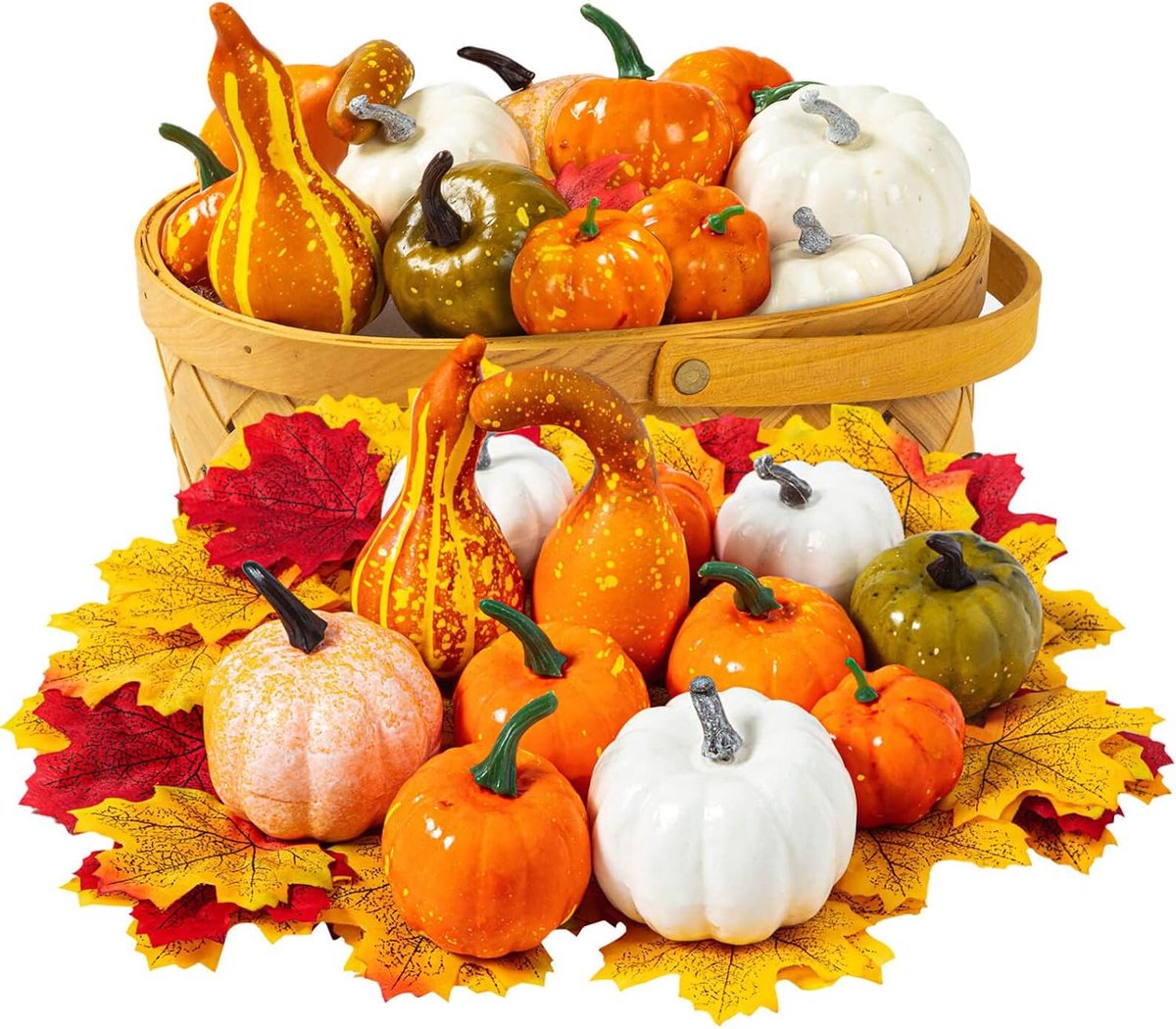 70 stuks kunstpompoenen decoratieset, kunstpompoenen, mini-kunstpompoenen, esdoornbladeren, eikels, dennenappels, decoratieset, voor Halloween-decoratie en oogstfeest