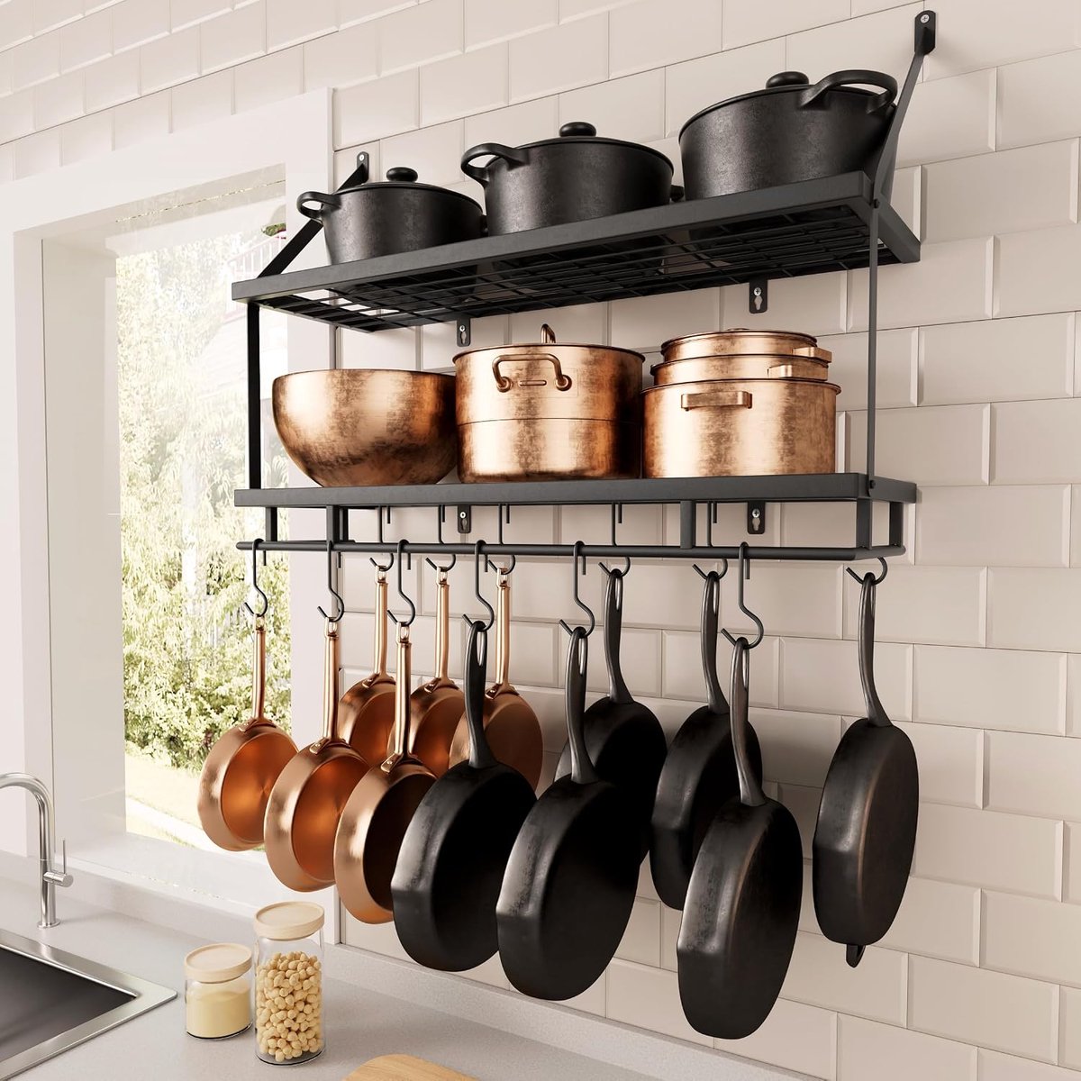 76 cm keukenpannenrek - gemonteerd ophangrek voor keukenopslag en organisatie - matzwarte 2-laags wandplank met beschermrail voor potten en pannen organizer met 12 haken - KUR215S75B-BK