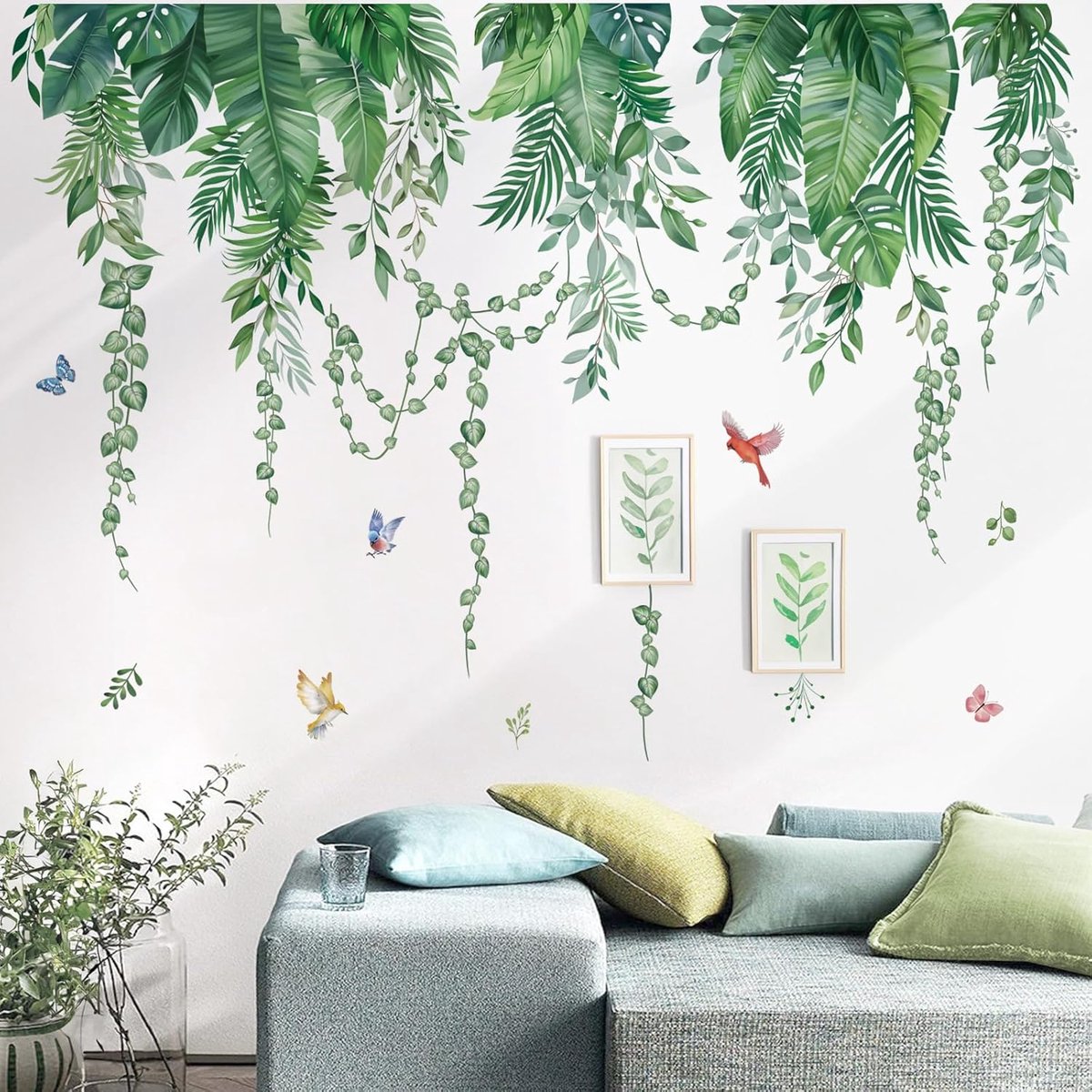 Muurstickers hangende ranken palmblad planten peel-and-stick muurkunst decals voor slaapkamer woonkamer bank