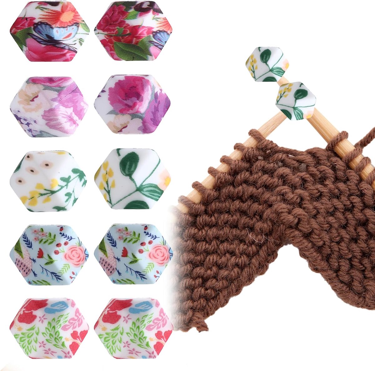 10 stuks maasstoppers voor breinaalden, beschermkap met bloemenpatroon, siliconen, zeshoekige breinaaldstopper, breien, accessoires, naaldpuntbescherming, breinaaldkappen voor naalden van de maten (3