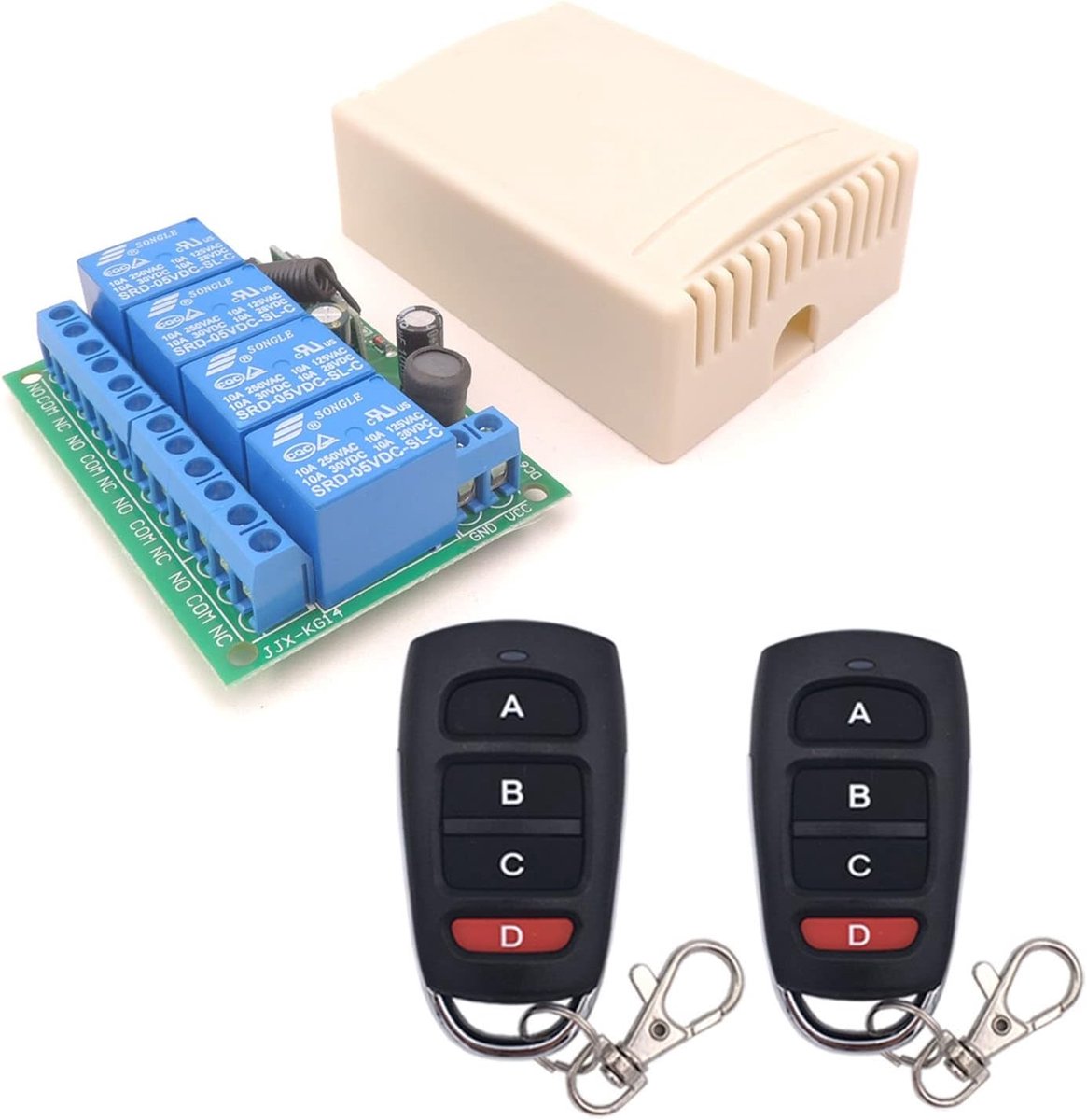 DC 12V 24V 4CH draadloze afstandsbediening schakelaar, DC6-30V 10A 4-kanalen 433Mhz radiofrequentierelaisontvanger met 2 RF-zenders, voor verlichting, garagedeur, motor, luifel