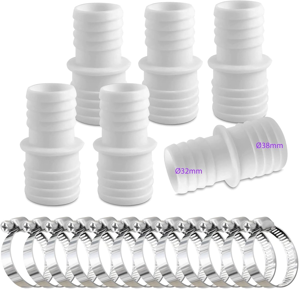 6 stuks, 32 mm op 38 mm diameter, set met 12 slangklemmen, zwembadslang, adapter slangadapter, dubbele slangtuit