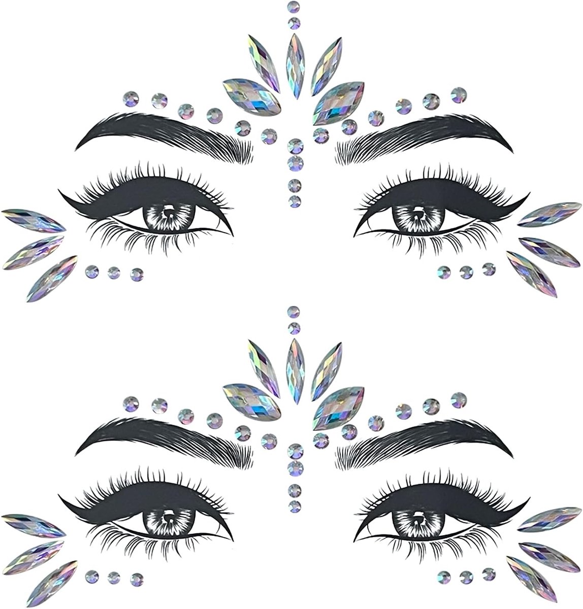 2pcs Edelsteine Temporäre Tattoos Glitzer Schmucksteine Strass Gesicht Juwelen Kristalle für Musikkarneval, Party, Halloween, Kerstmis, Verjaardag, Make-up (zilver)