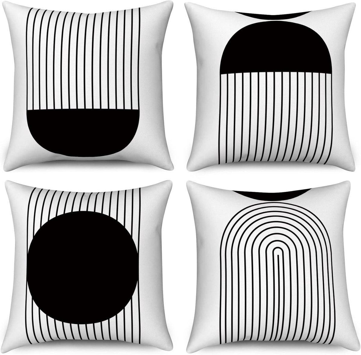 SnelShoppen - Kussenhoes Boho 40 x 40 cm, 4-delige set, zwart en wit Mid Century Abstract Geometrische boog zon, decoratieve kussenslopen modern minim