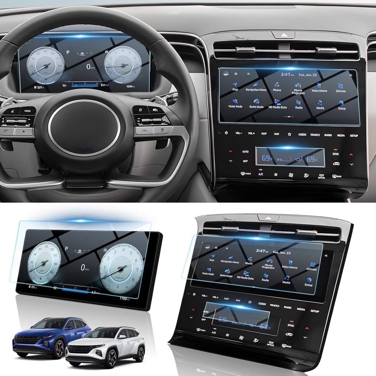 Beschermfolie voor Hyundai Tucson NX4 2021-2024, 9H Gehard Glas, Navigatiescherm, Cockpit en Airconditioning Bescherming (Set van 3)