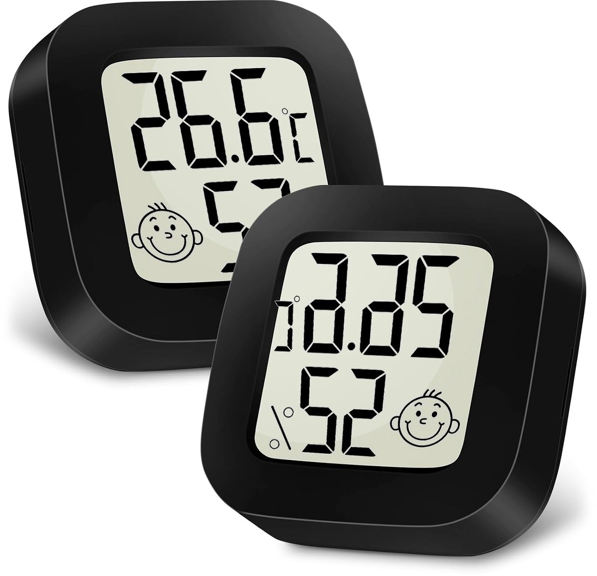 Digitale hygrometer binnenthermometer, kleine kamerthermometer met LCD-display en gezichts-icoontjes, vochtigheidsmeter met temperatuur-vochtigheidsmonitor voor slaapkamer, babykamer, magazijn, kelder, auto, 2 stuks