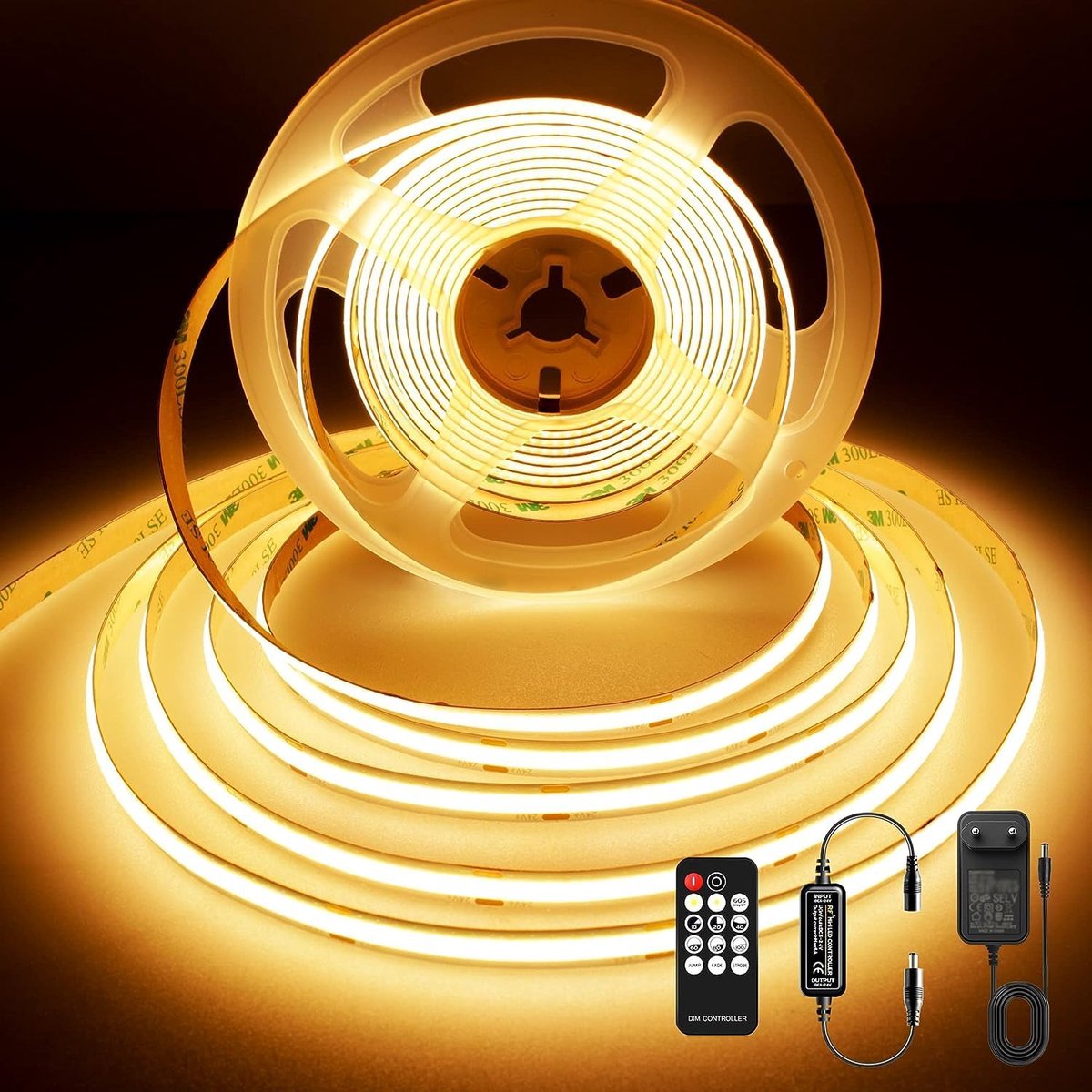 480 LEDs/m COB LED-Strip 5m Warm wit met voeding en afstandsbediening, 24V, CRI 92+, 8mm, 3000K Dimbare LED-Strip voor indirecte verlichting in slaapkamers, Woonkamerkasten, TV