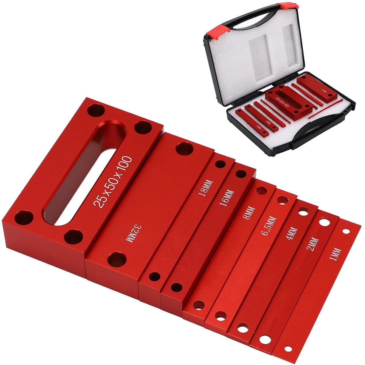 9 STUKS Setup Blokken Hoogtemeter Set, Precisie Rode Aluminium Legering Setup Bars voor Router en Tafelzaag Accessoires Houtbewerking Set Up, Bars Inclusief Gegraveerde Maat