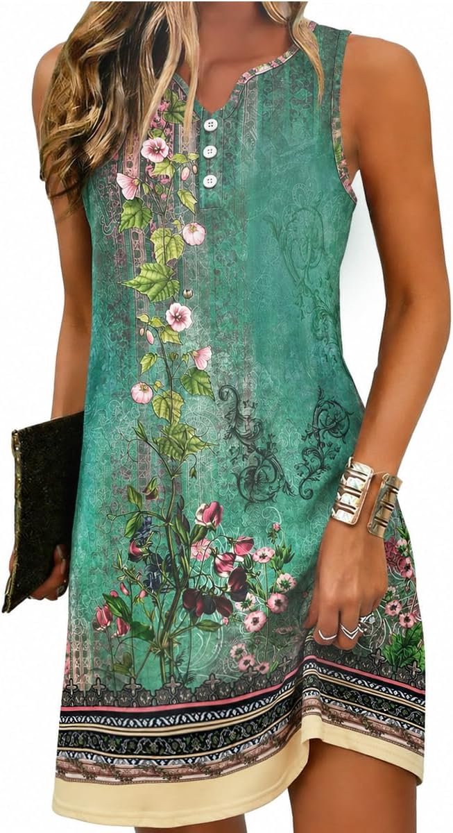 Zomerjurk voor dames, boho, strandjurk, casual, mouwloos, tankjurk, elegant, bohemian jurk, V-hals, mini-jurk, S-2XL