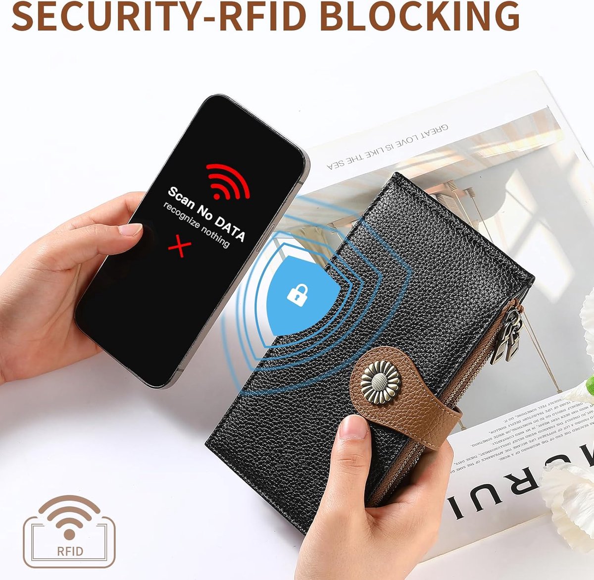 Portemonnee voor Vrouwen RFID-blokkering Grote Capaciteit Tweevoudig Multi Kaart Portemonnee Hoes met Ritsvak Credit Card Houder, Zwart en Bruin, 7.3 x 4.5 x 1 inches, Klassiek