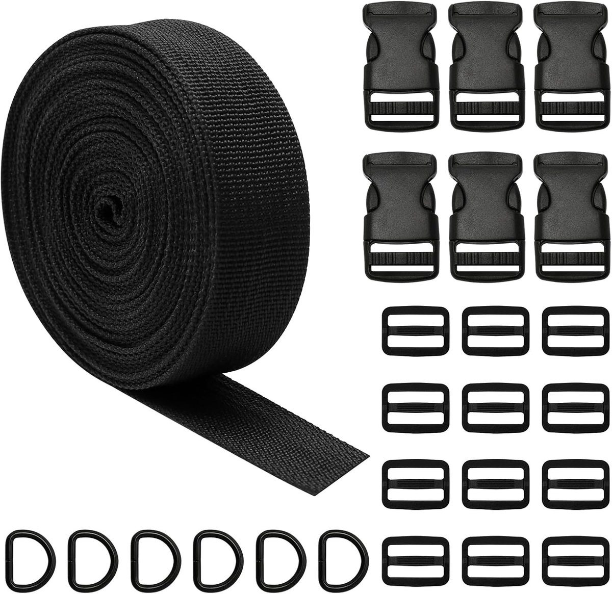 5,4 meter nylon singelband 25 mm, rugzakriemen heavy-duty zwart, riem verstelbaar met clips en gespen voor rugzak, hondenhalsband, doe-het-zelf knutselen