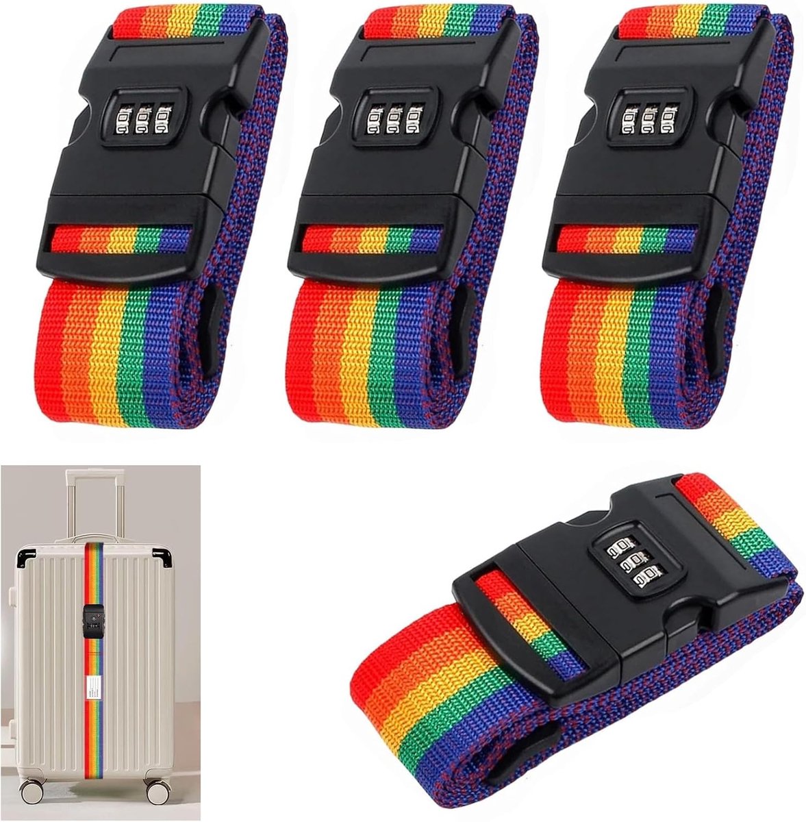 4 stuks kofferbanden, kofferriem met cijferslot, 200 x 5 cm kofferband, met wachtwoordslot en informatiekaart, in lengte verstelbaar, bagageband, regenboogkleuren