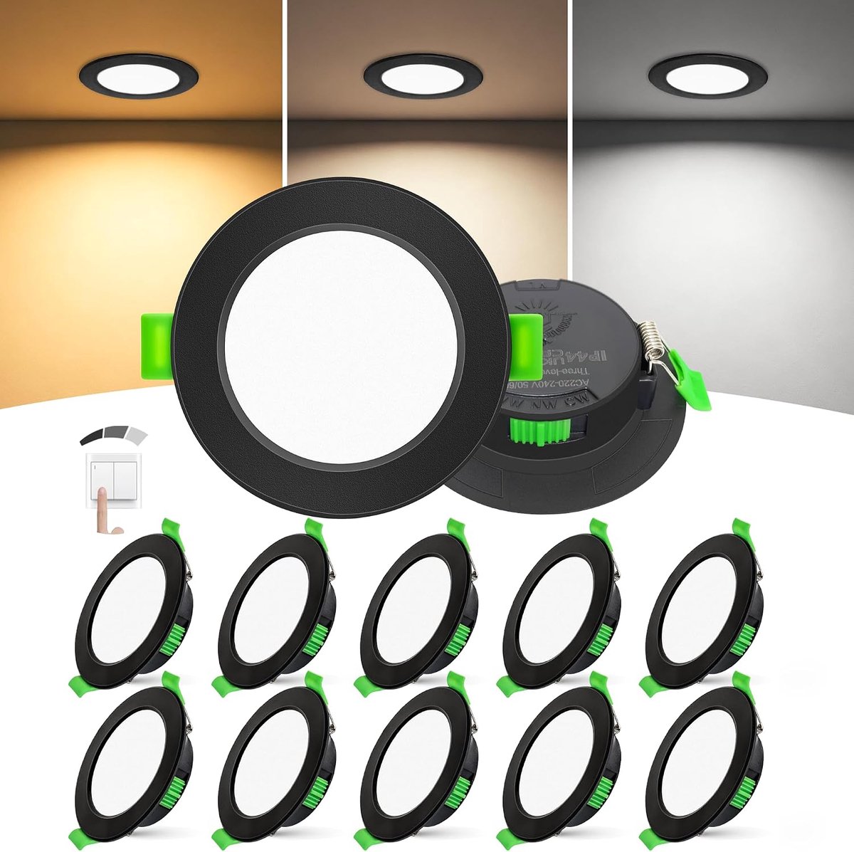 Set van 10 LED Inbouwspots Extra Plat 25mm, 6W, Dimbare LED Spots Plafond met 3 Lichtstanden Zonder Dimmer, 2700K 4000K 6000K, IP44 voor Badkamer en Keuken, Zaagmaat Ø58-68mm 230V, Zwart