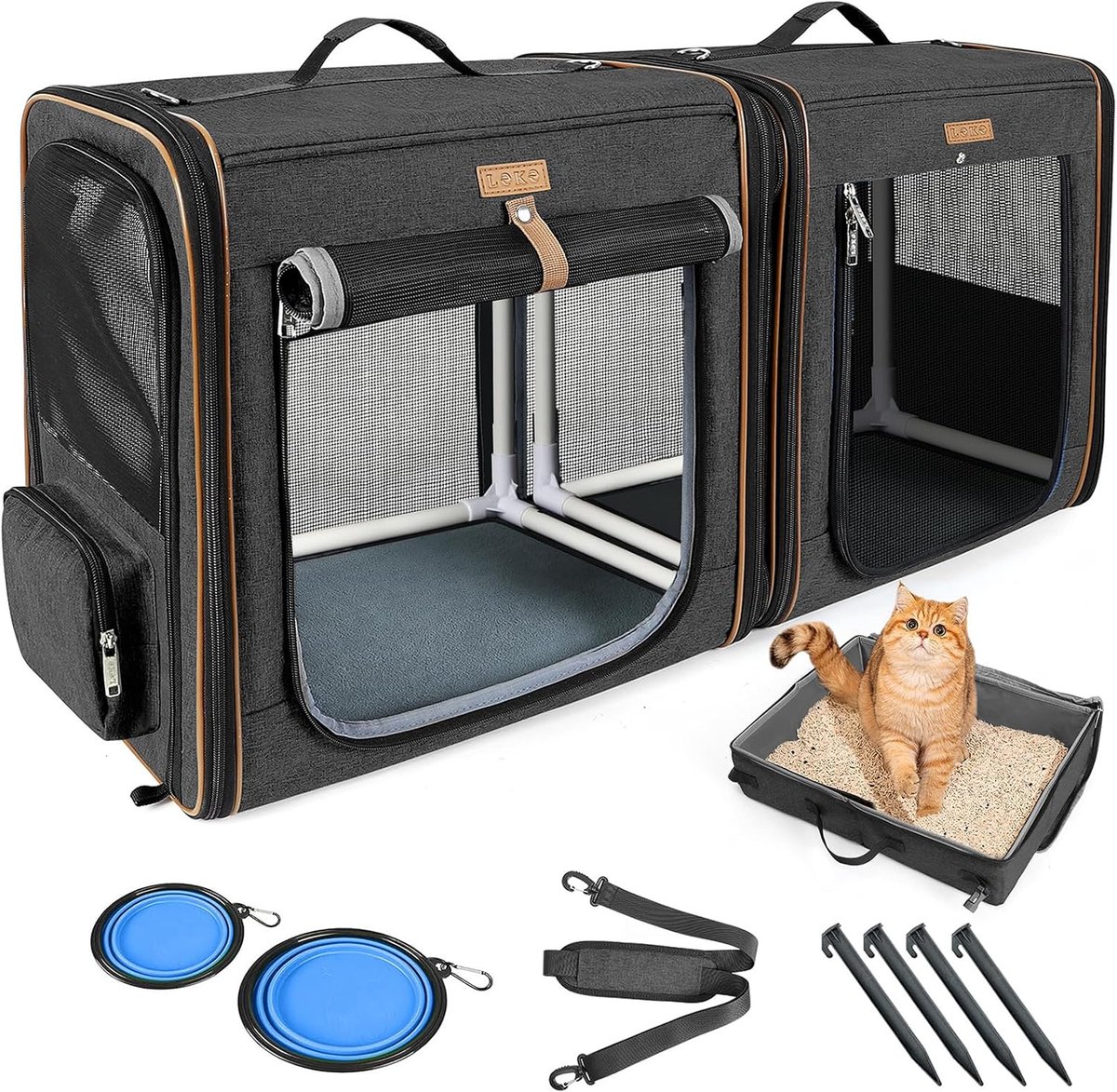 SnelShoppen - 2-in-1 hondenbox en transportbox voor middelgrote huisdieren, opvouwbare kattentransportbox met sterk vezelframe, kattentoilet, 2 schale