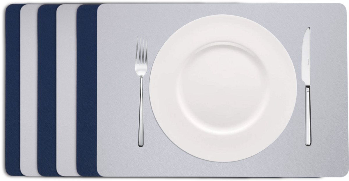 Cookinglife Placemats - Set van 6 - Rechthoekig - Dubbelzijdig - Vegan Lederlook Onderleggers - Grijs/Blauw - 46 x 33 cm