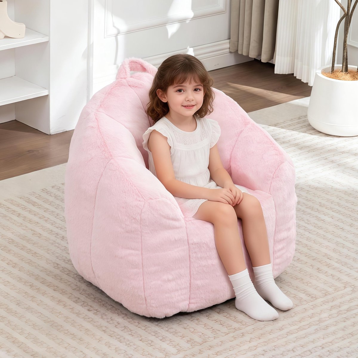 SnelShoppen - MINCETA Zitzak Stoel voor Kinderen, Roze Comfortabele Zitzak Sofa met Handvat, Ideaal voor Woonkamer en Slaapkamer, Kleine Zitzak met Vu