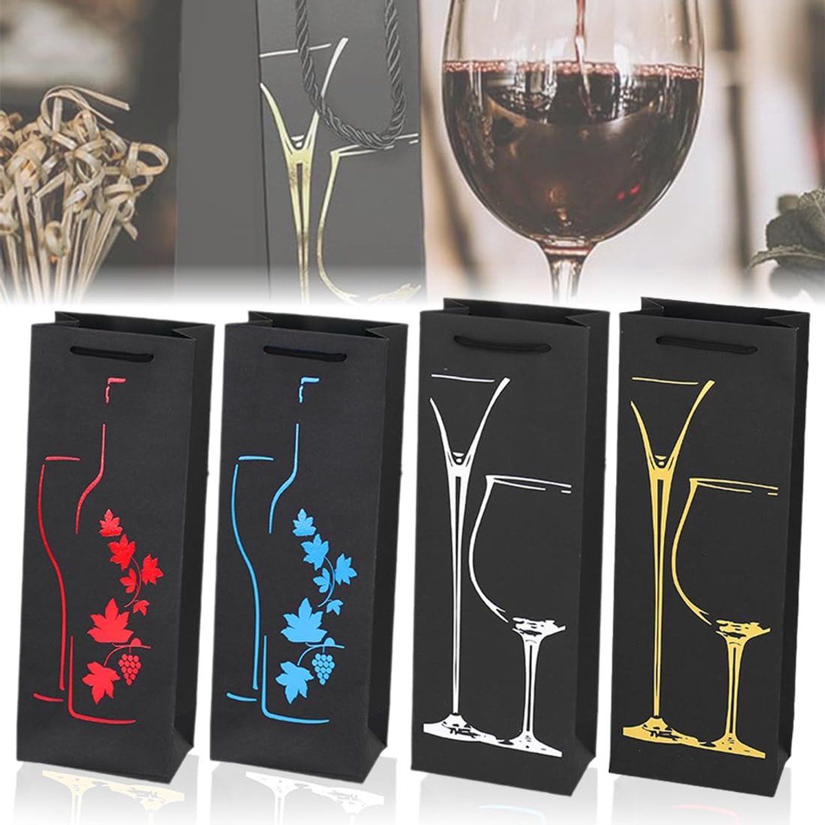 4 Flessenzakken Voor Wijn, Papieren Zakken Met Handgrepen, Elegante Cadeauzakjes Voor Wijn, Bruiloften En Feesten