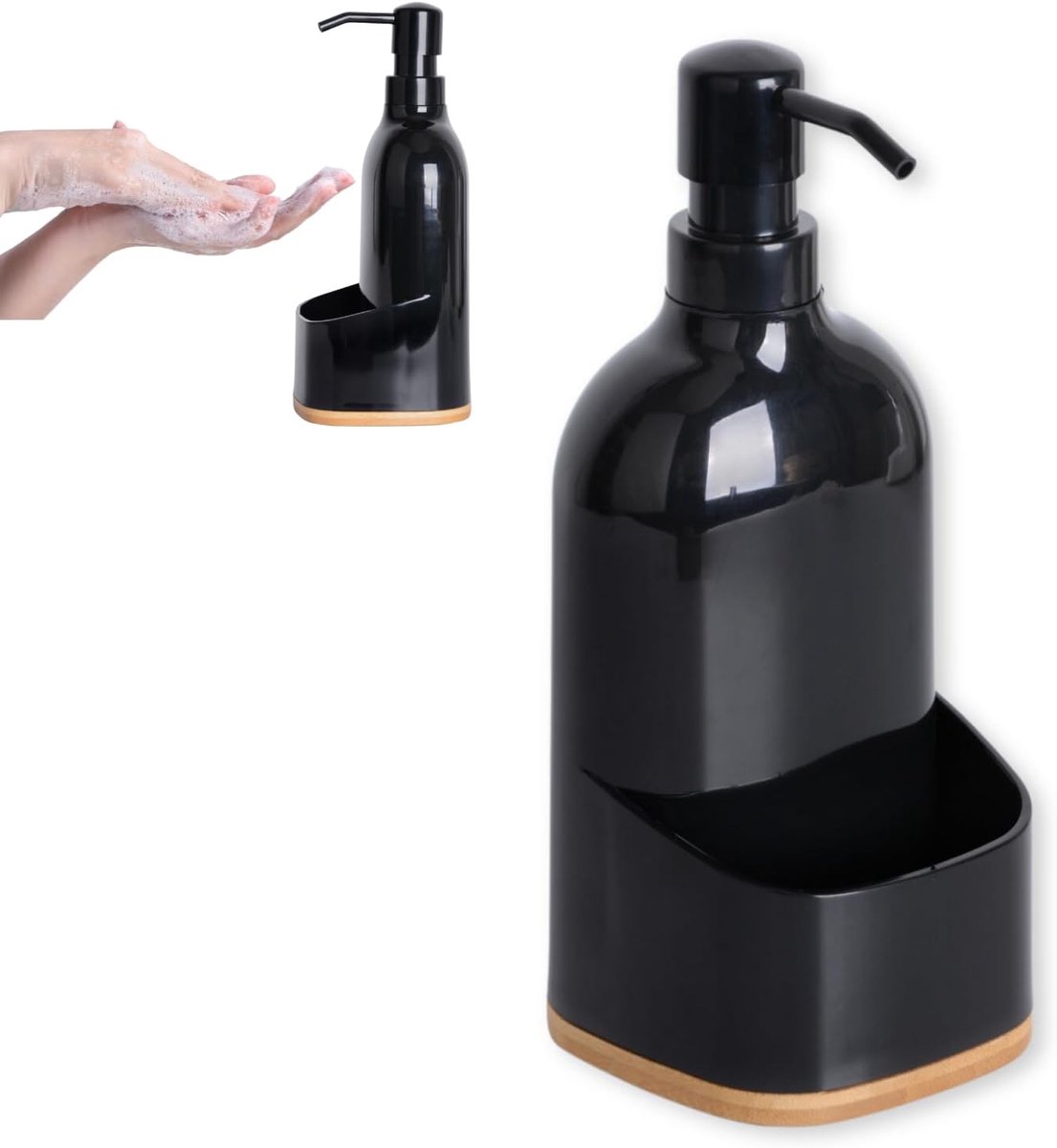 zwarte PUMP_DISPENSER, praktische zeeporganizer met sponshouder, elegante keukendecoratie, 9,5 x 9,5 x 22 cm