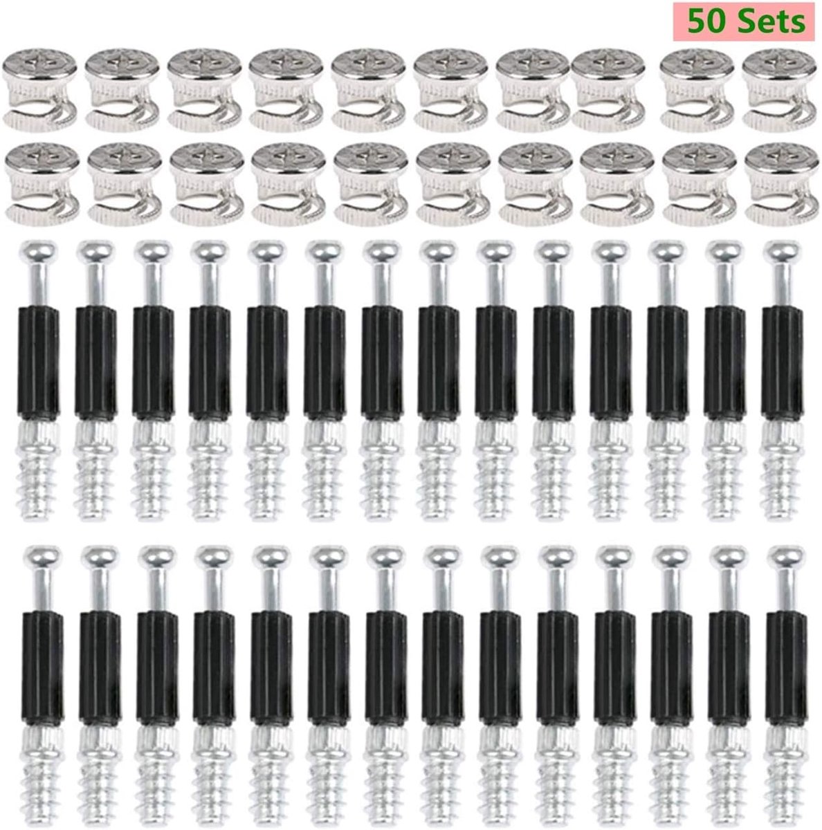 Rastex 15 Excentrische meubelverbinders, 50 paar, spuitgietzink, vernikkeld, meubelkastverbinders, Ø15 mm, passchroef, excentrische nokken en bouten, paspluggen M6 x 45 mm